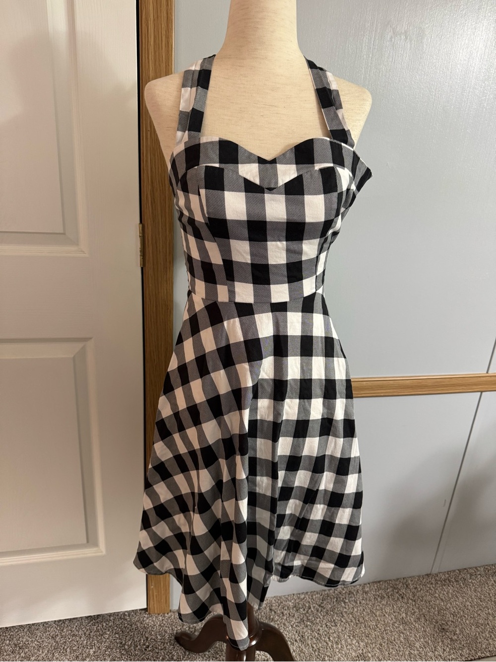 Topdress Black White Gingham Backless Halter Dress Size Small Retro Trad Wife - Picture 1 of 9